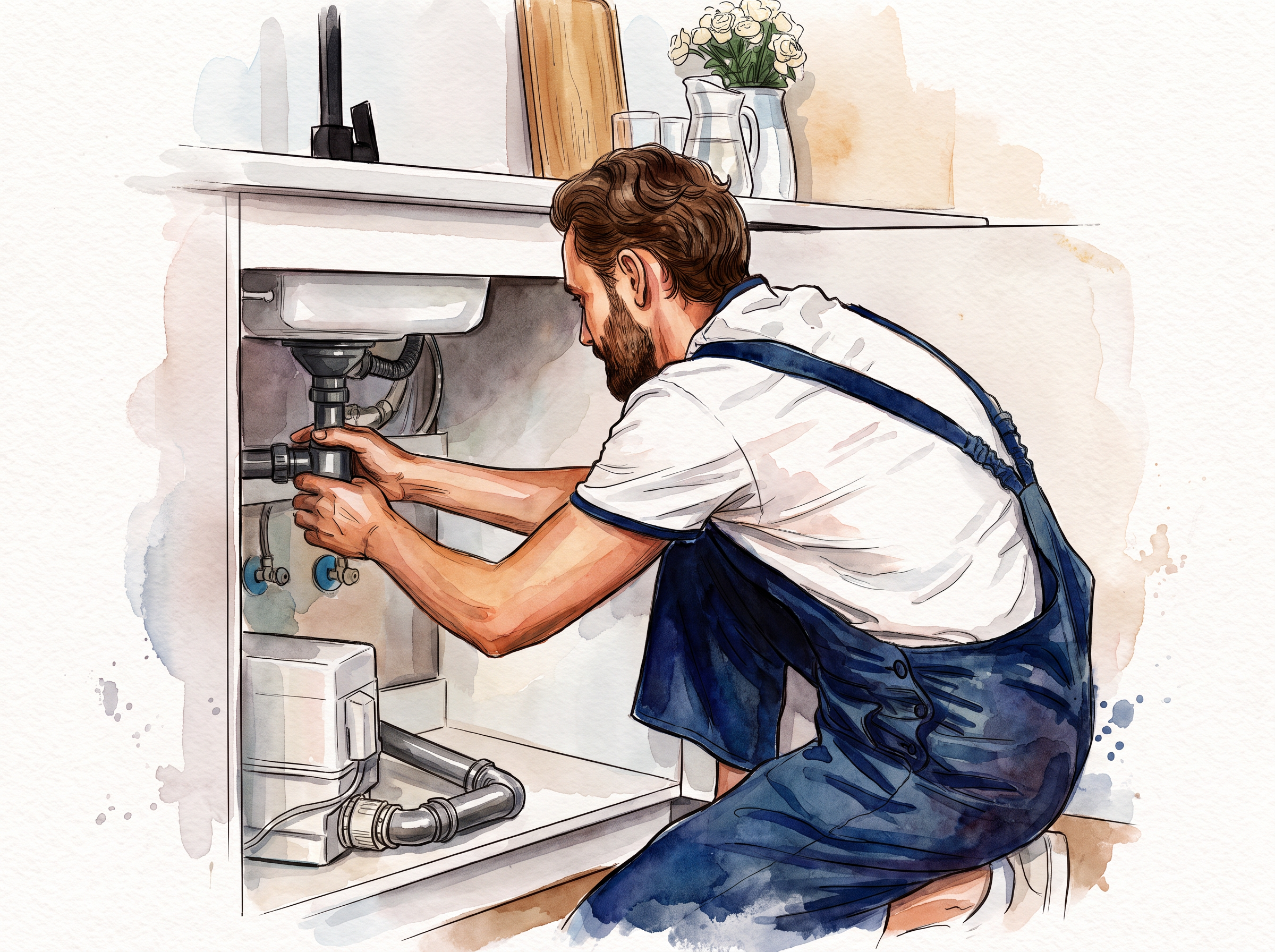 Aquarellillustration eines Installateurs bei Sanitär- und Heizungsarbeiten für Badsanierung, Renovierung und moderne Haustechnik