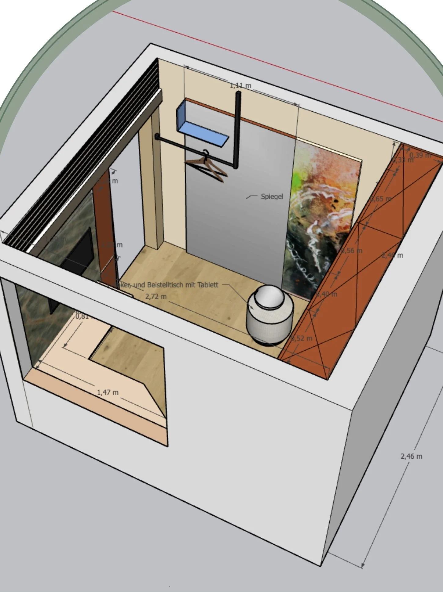 3D-Visualisierung einer Garderobe im Eingangsbereich mit Spiegel, Stauraum, Wandgestaltung und Maßangaben für die Interior-Design-Planung in Wien
