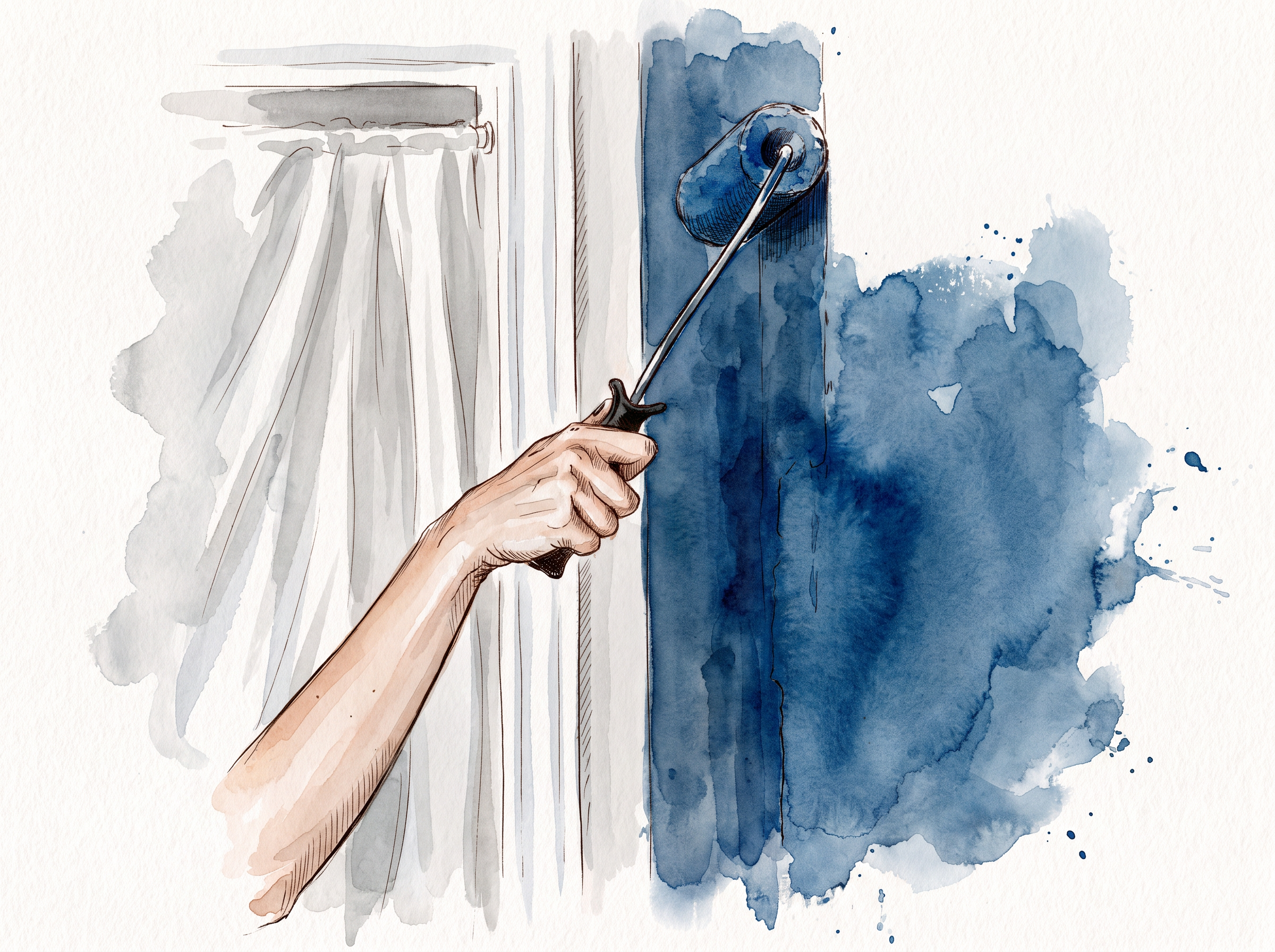 Aquarellillustration eines Malers bei professionellen Malerarbeiten, Wandgestaltung, Farbkonzepten und hochwertigen Oberflächen
