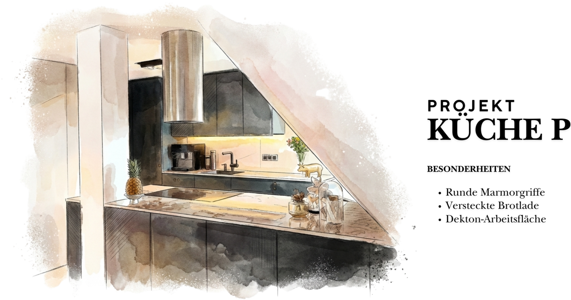 Aquarell-Visualisierung des Projekts Küche P mit dunklen Fronten und Kochinsel unter der Dachschräge; Besonderheiten sind runde Marmorgriffe, eine versteckte Brotlade und eine Dekton-Arbeitsfläche