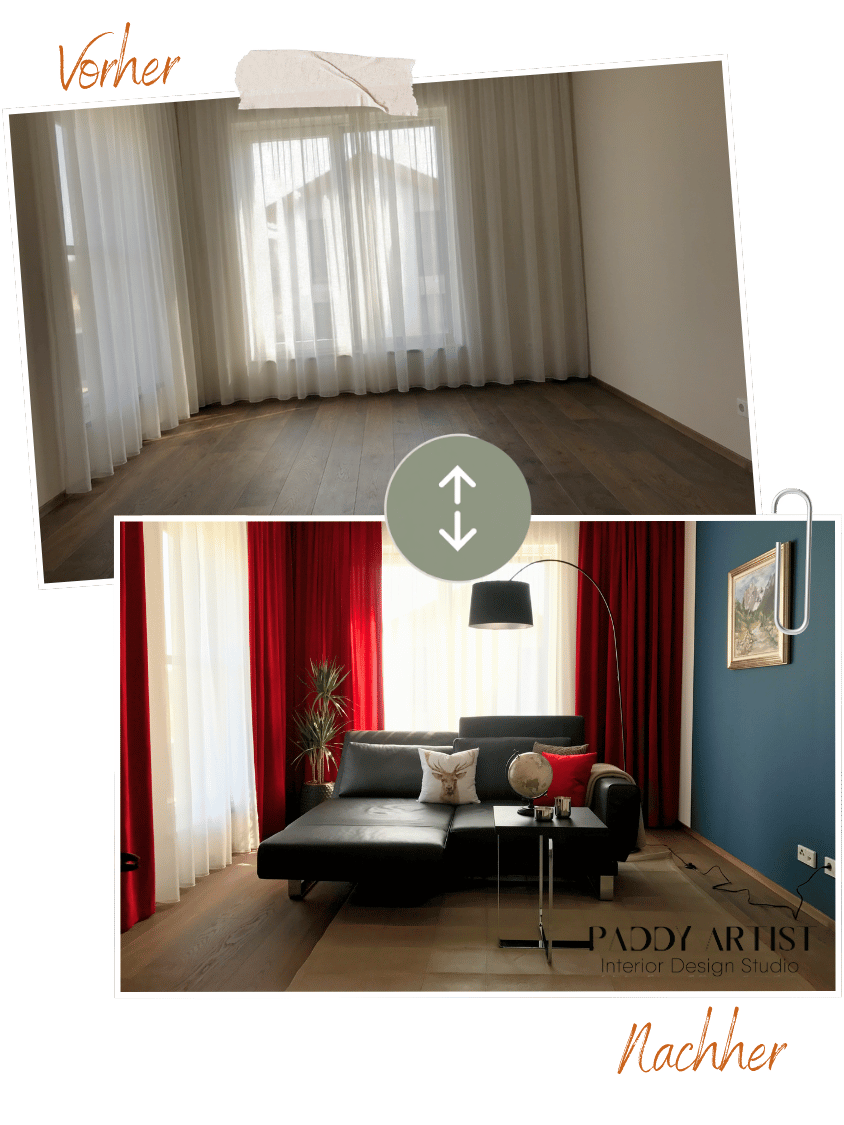 Vorher-Nachher-Vergleich eines Wohnzimmers: aus dem leeren Raum wurde ein Wohnbereich mit dunklem Sofa, roten Vorhängen und blauer Akzentwand.