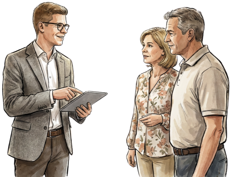 Illustration einer Einrichtungsberatung: Ein Interior Designer zeigt einem Paar die Raumplanung auf einem Tablet