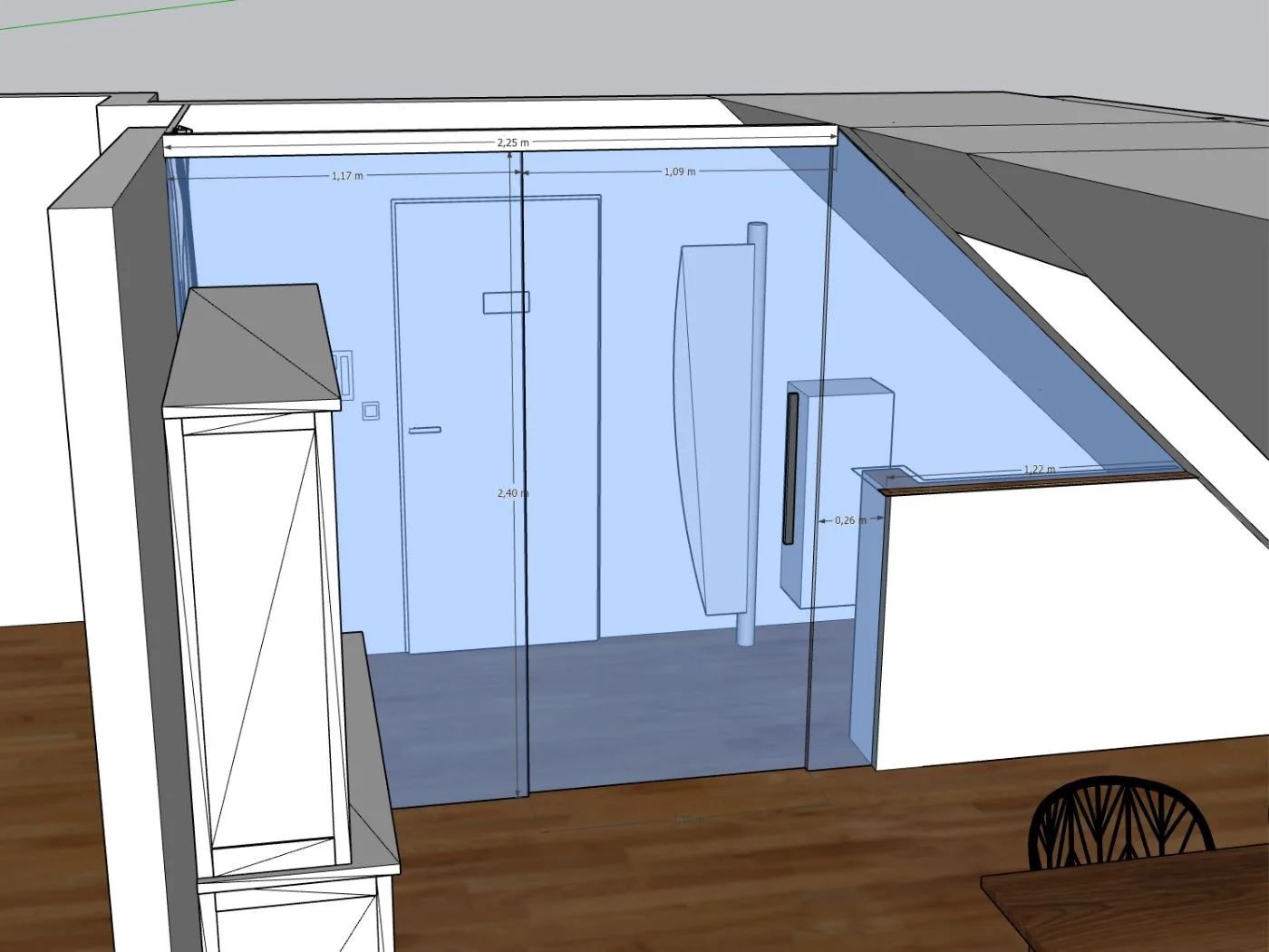 3D Visualisierung für Flur und Garderobe mit Glasabtrennung, Stauraumplanung und modernem Eingangsbereich – Innenraumvisualisierung einer maßgeplanten Lösung unter Dachschräge