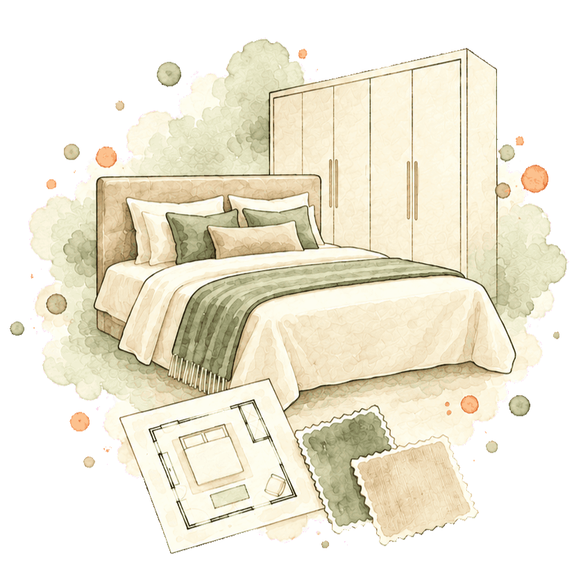 Icon für 3D-Planung mit Bett, Grundriss und Materialmustern