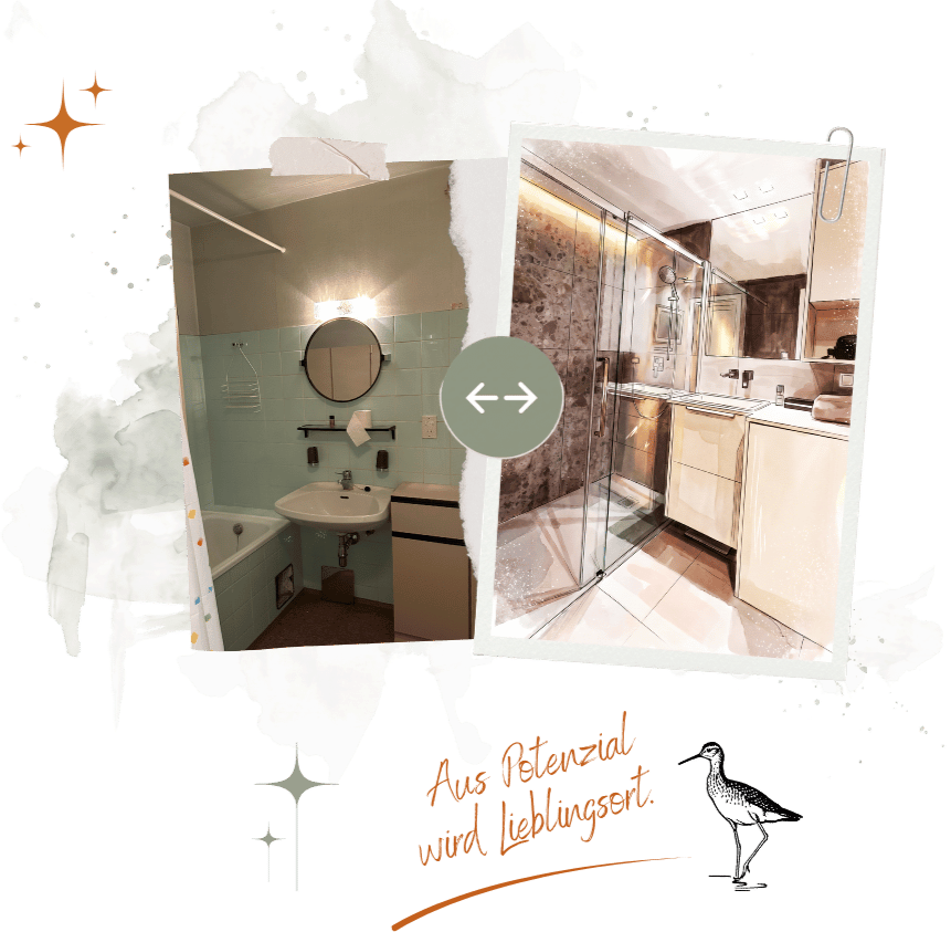 Vergleich zweier Badezimmer, links ein Badezimmer mit einem Waschbecken, Spiegel, Wandfliesen in Pastellgrün, rechts ein modernes Badezimmer mit Dusche und dunklen Fliesen.
