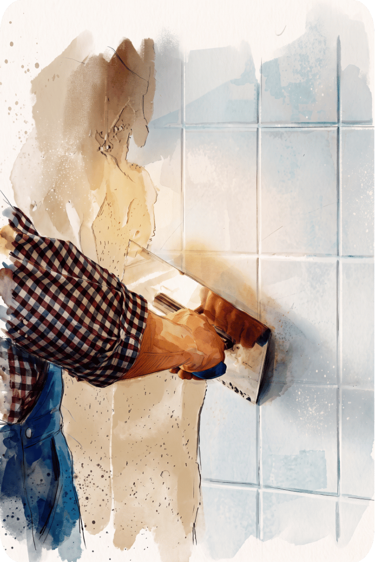 Aquarellillustration eines Handwerkers, der eine fugenlose Spachtelmasse mit der Glättkelle auf bestehende Wandfliesen aufträgt