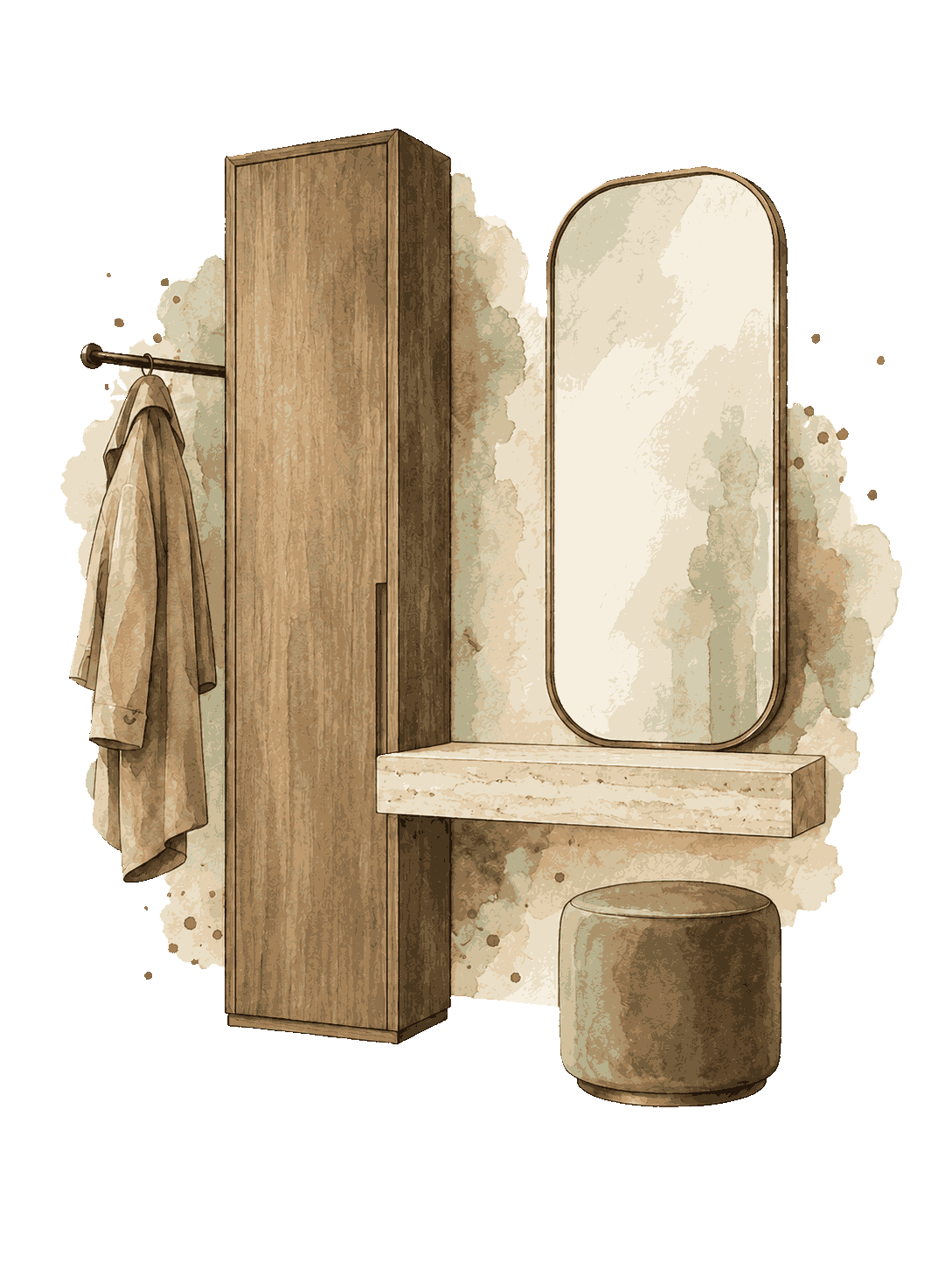 Icon für Maßmöbel mit Holzschrank, Spiegel, Ablage und Hocker