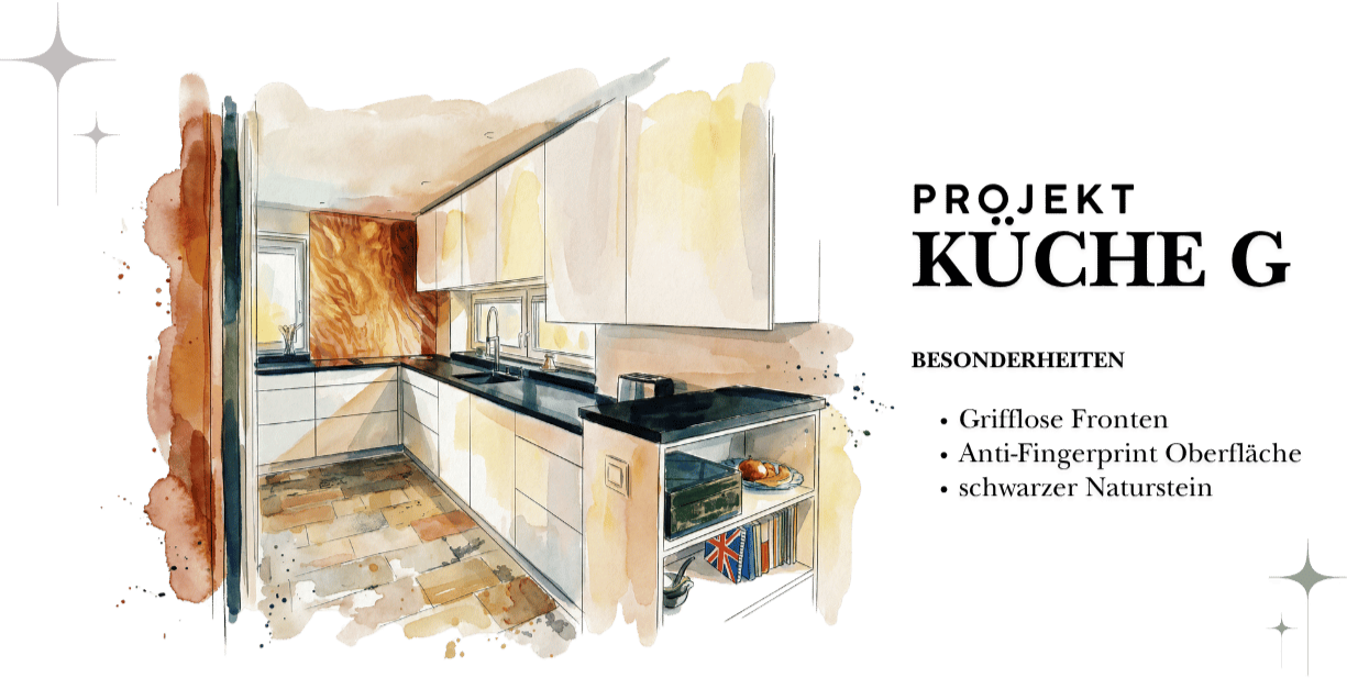 Aquarellillustration des Projekts Küche G mit grifflosen weißen Fronten, Anti-Fingerprint-Oberfläche, schwarzer Naturstein-Arbeitsplatte und offenen Regalfächern