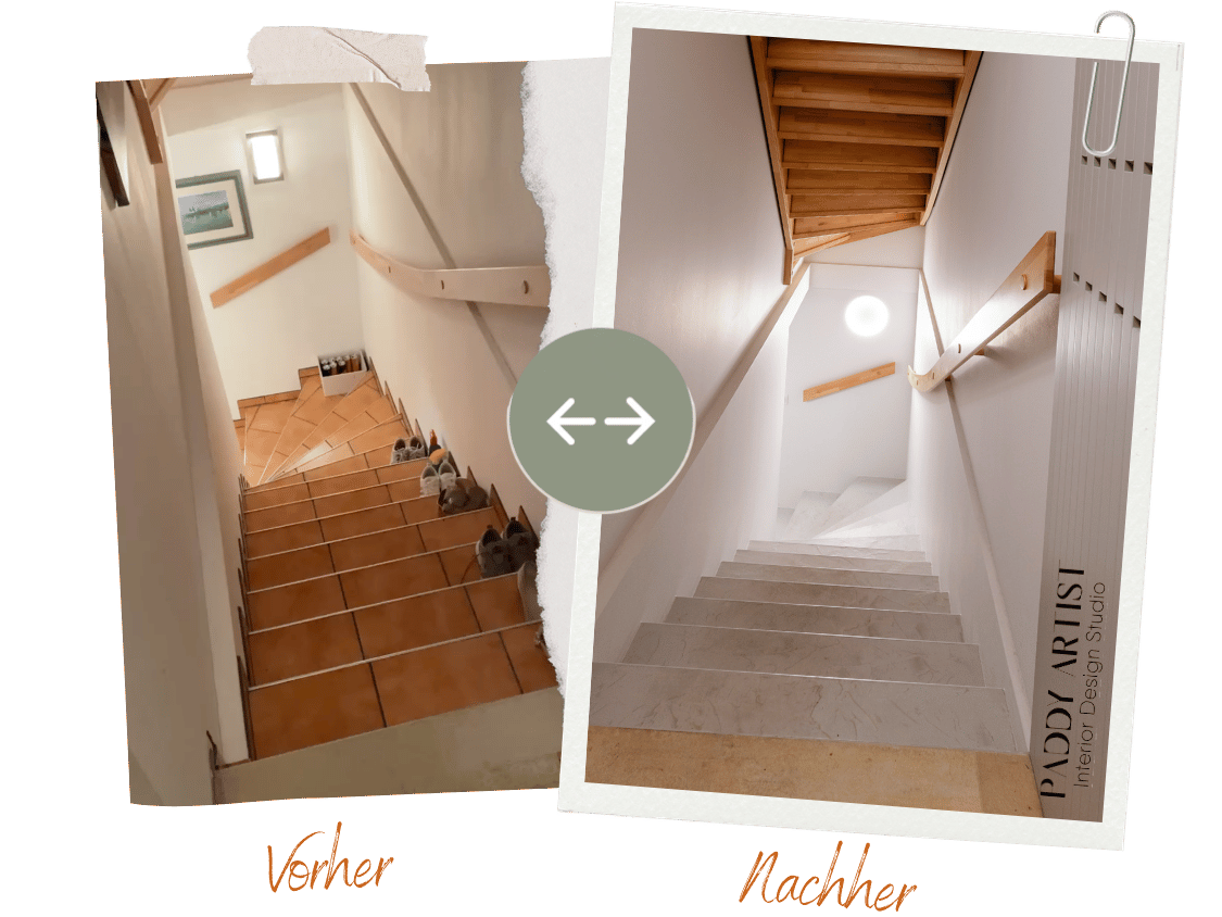 Vorher-Nachher-Vergleich eines Stiegenhauses: braune Fliesenstufen vor der Renovierung, danach eine helle Treppe mit weißen Wänden und Holzhandläufen.