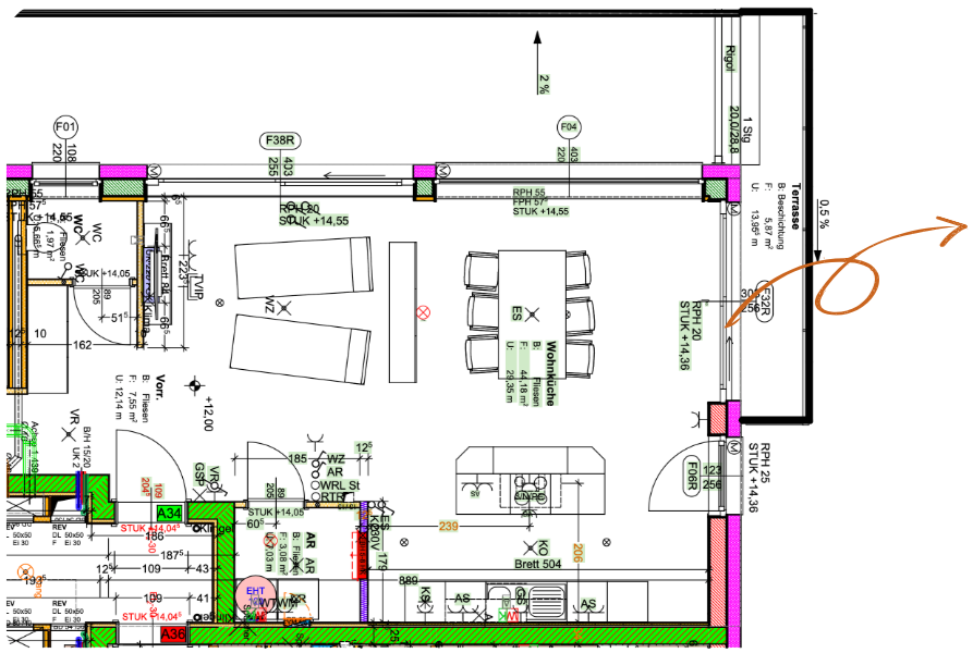 Grundriss eines Wohn- und Essbereichs mit offener Küche und angrenzender Terrasse als Grundlage für die 3D-Planung