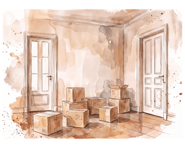 Aquarellillustration eines renovierungsbedürftigen Wohnraums mit Umzugskartons als Ausgangssituation für Raumgestaltung, Renovierung und individuelle Interior-Planung