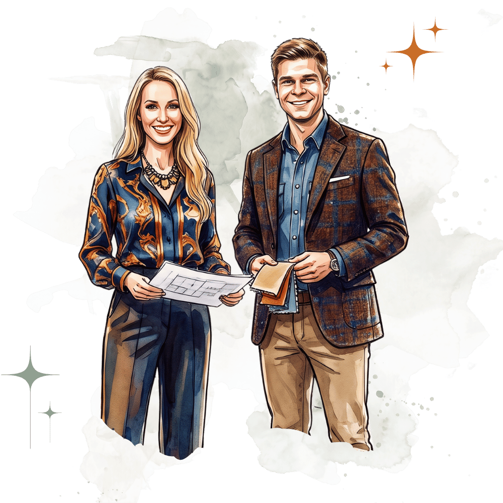 Aquarell-Illustration einer Frau mit Raumplan und eines Mannes mit Materialmustern bei der Planung einer Inneneinrichtung