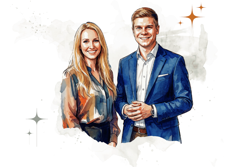 Aquarell-Illustration des Teams der Paddy Artist Design GmbH: Eine Frau und ein Mann sind im Business-Stil gekleidet und lächeln.