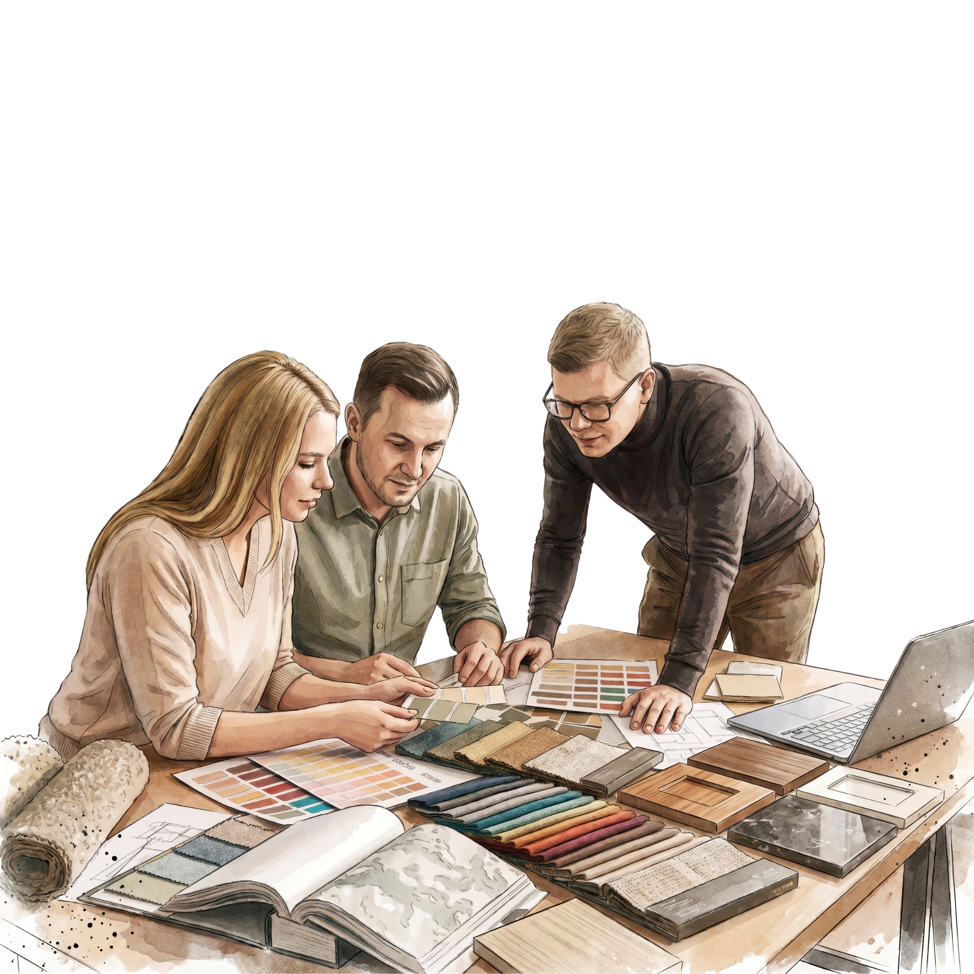 Illustration einer Einrichtungsberatung: Ein Interior Designer wählt mit einem Paar Stoffe, Farben und Holzoberflächen für die Raumgestaltung aus