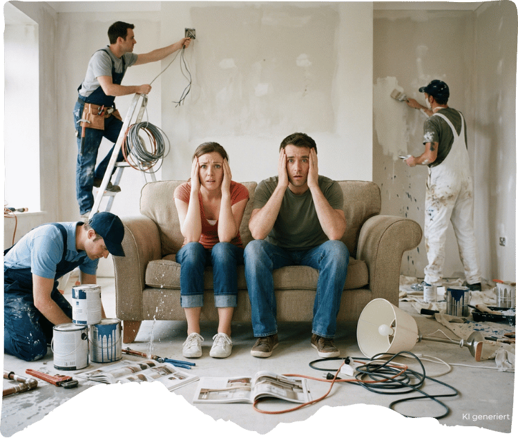 Überfordertes Paar während einer Wohnungsrenovierung mit Elektriker und Malern als Symbol für professionelle Projektkoordination in Wien