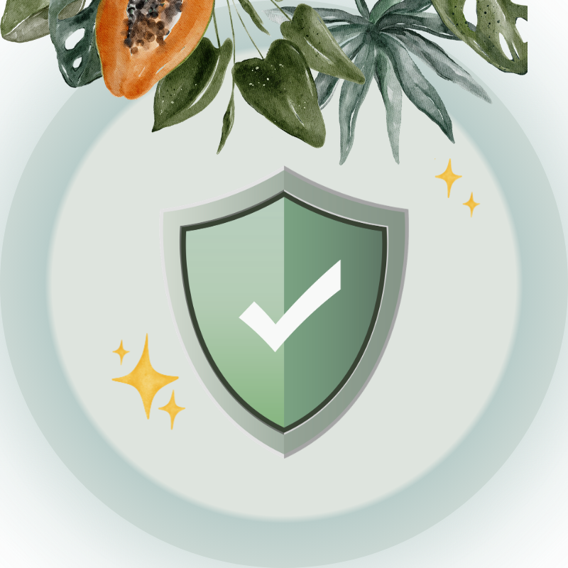 Illustration eines grünem Schild mit Häkchen, umgeben von Pflanzen und Glitzereffekten