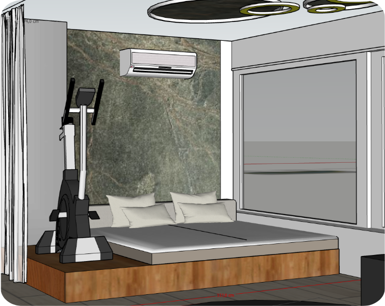 3D-Visualisierung eines Schlafzimmers mit Bett auf Holzpodest, Crosstrainer und Akzentwand in Steinoptik