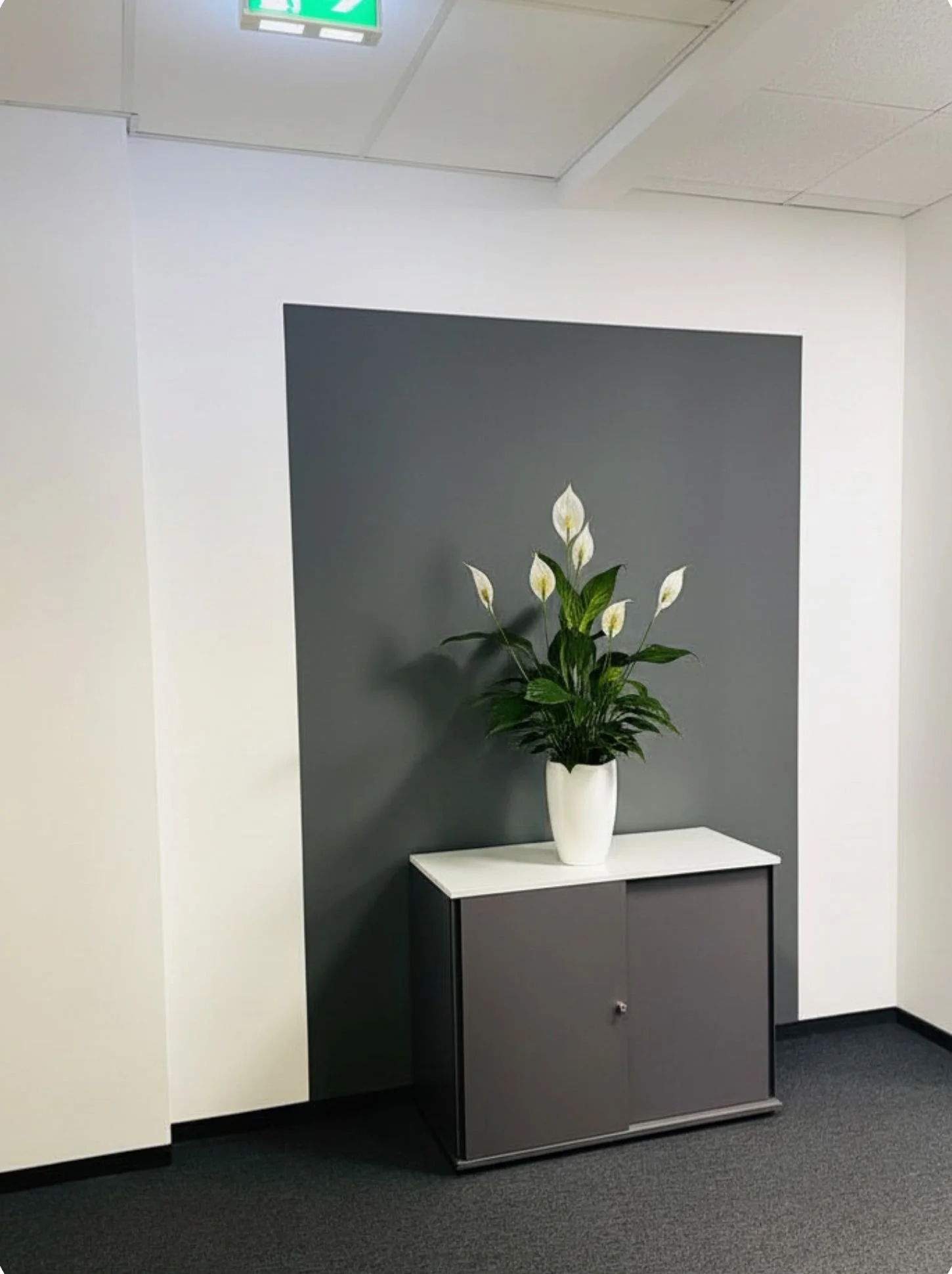 Vorher-Nachher eines Büro-Eingangsbereichs mit dunkel gestrichener Nische im Passepartout und abgestimmter Kommode für eine elegantere Raumwirkung
