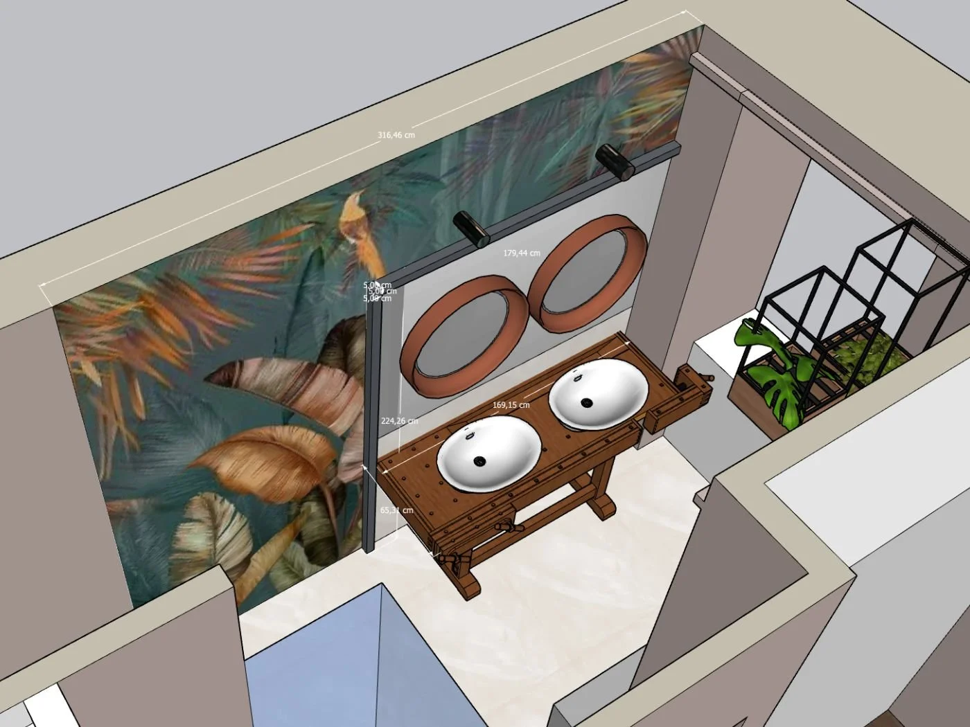 3D-Visualisierung eines Badezimmers mit Doppelwaschbecken, dekorativer Tapetenwand und individueller Badgestaltung