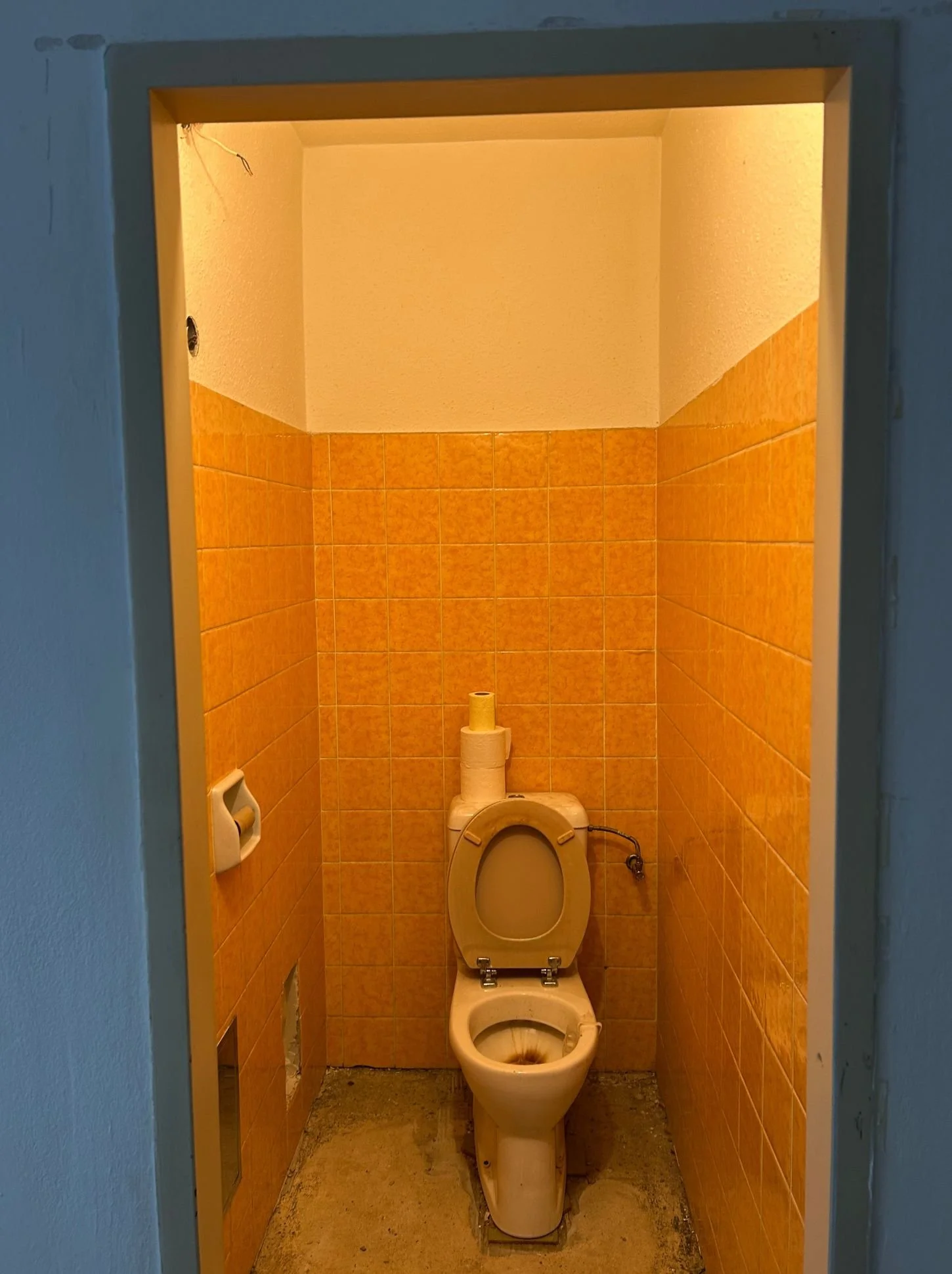 Vorher-Bild eines kleinen WCs mit orangen Fliesen, alter Ausstattung und schmalem Grundriss vor der Modernisierung