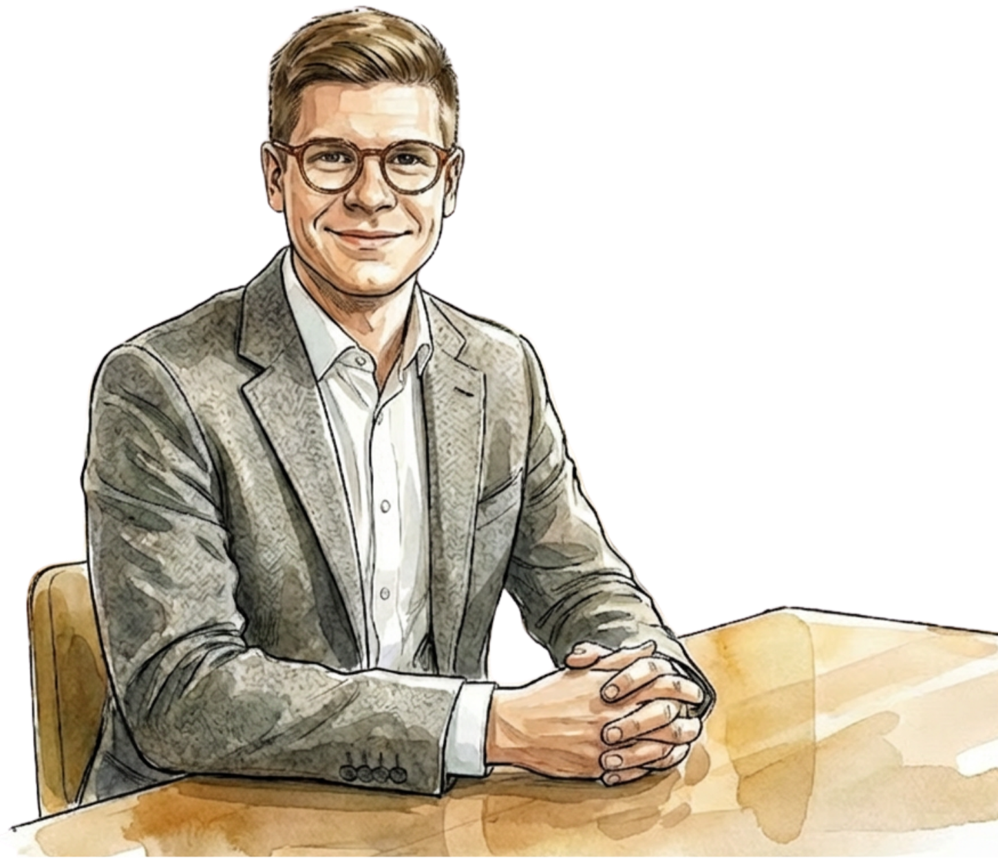 Illustration eines Beraters von Paddy Artist am Tisch zur persönlichen Beratung über fugenlose Oberflächen