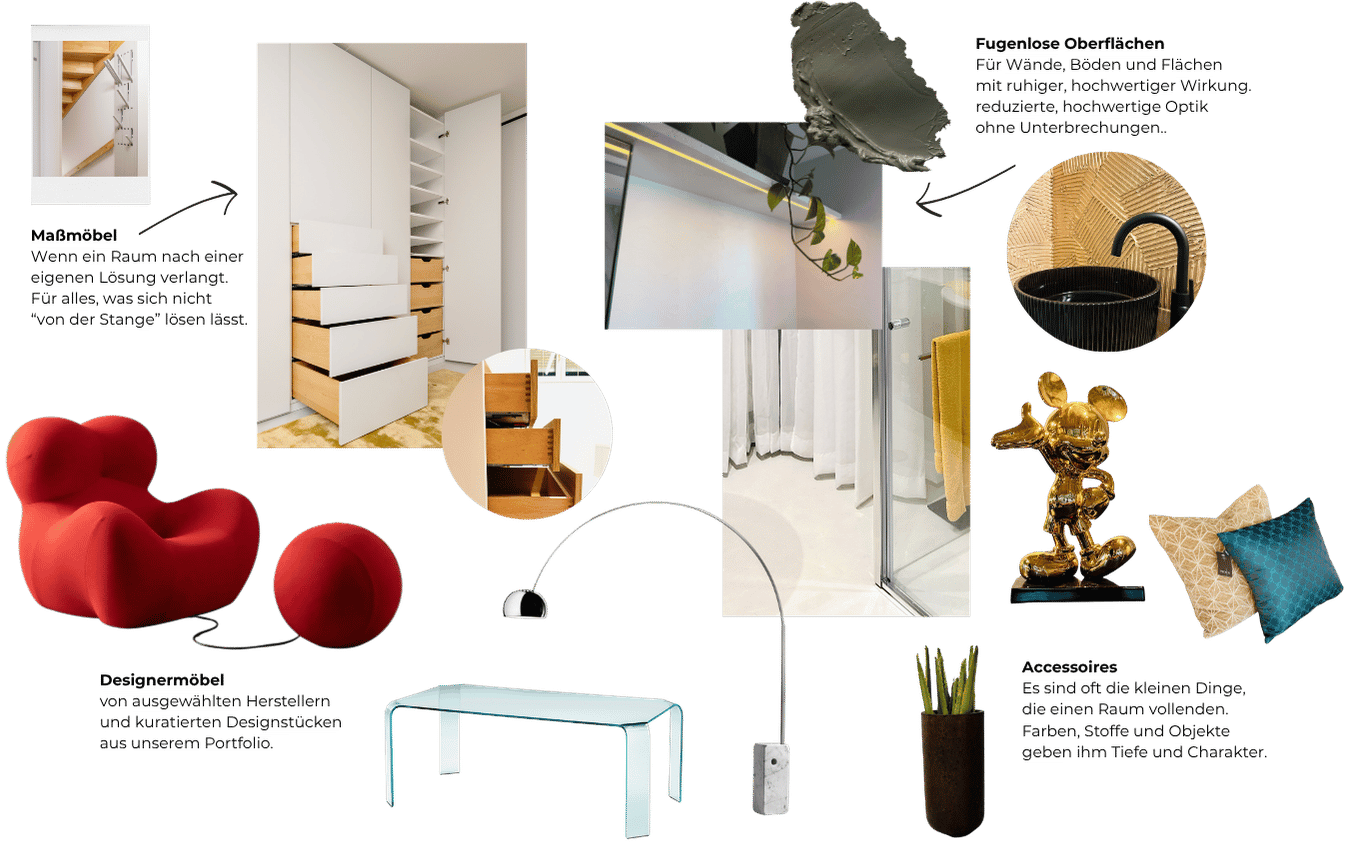 Moodboard für Interior Design mit Maßmöbeln, Designermöbeln, fugenlosen Oberflächen, Beleuchtung und ausgewählten Wohnaccessoires – individuelle Raumgestaltung und Einrichtungskonzepte in Wien