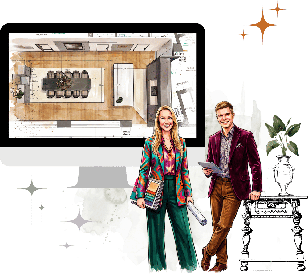 Illustration zweier Interior Designer mit Materialmustern und Tablet vor einem digitalen Raumplan