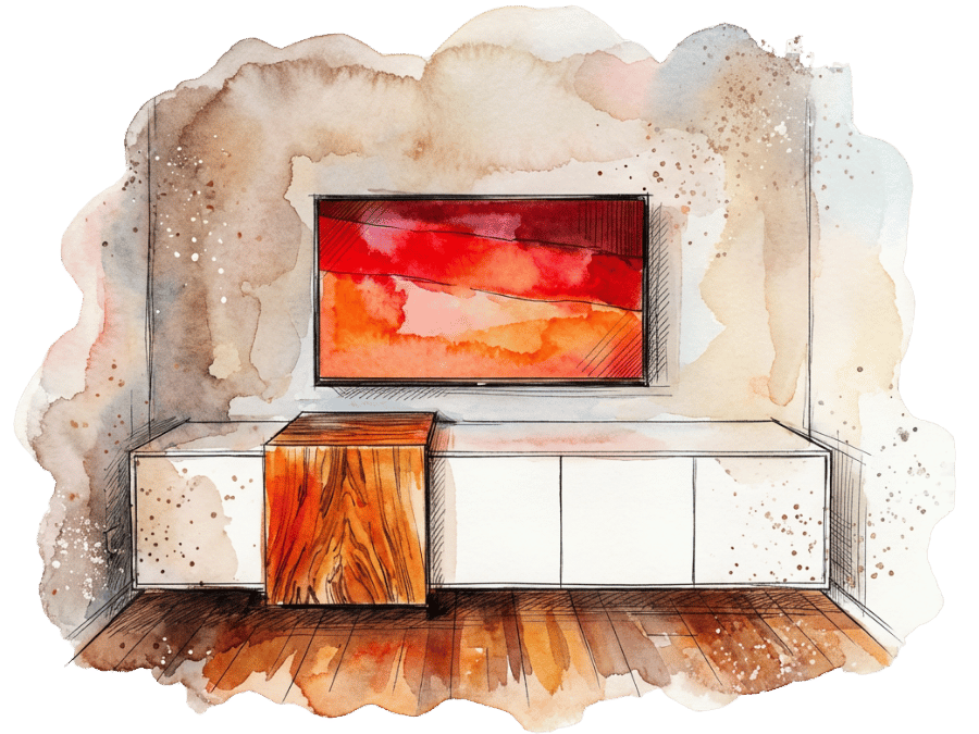 Aquarell-Illustration eines weißen TV-Lowboards mit einem Flachbildfernseher darüber