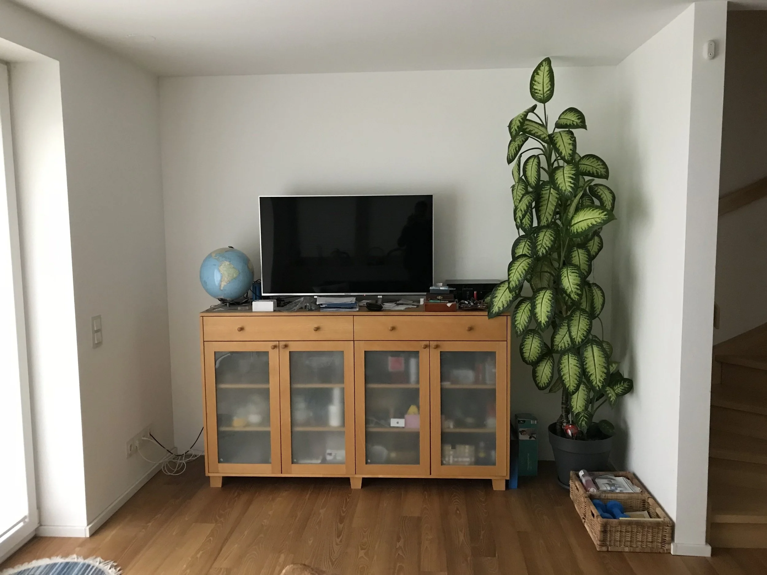 Vorher-Bild eines Wohnzimmers mit TV, Holzkommode und großer Zimmerpflanze vor der Neugestaltung und Innenraumplanung