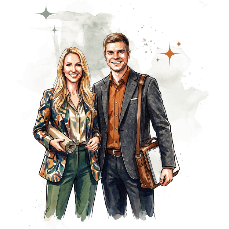 Illustration einer Interior Designerin und eines Interior Designers mit gerolltem Plan und Projektunterlagen