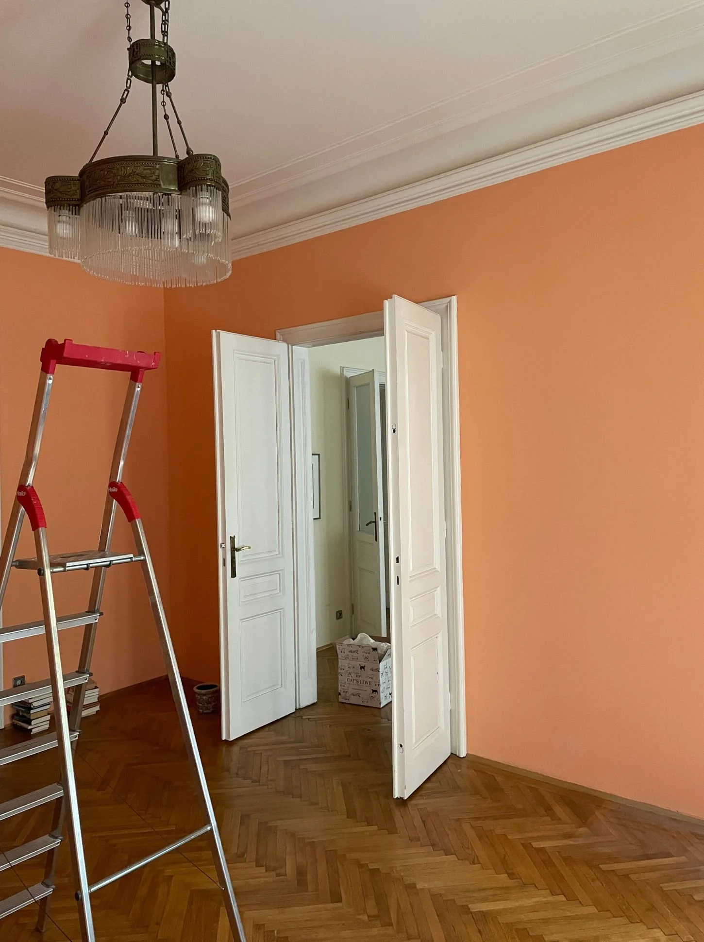 Vorher-Bild eines Wohnzimmers mit farbiger Wand und Parkettboden vor dem neuen Anstrich und der optischen Auffrischung