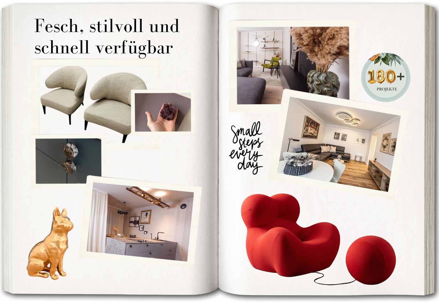 Aufgeschlagenes Designbuch mit Fotos gestalteter Wohnräume, Möbeln und Wohnaccessoires sowie der Überschrift „Fesch, stilvoll und schnell verfügbar“