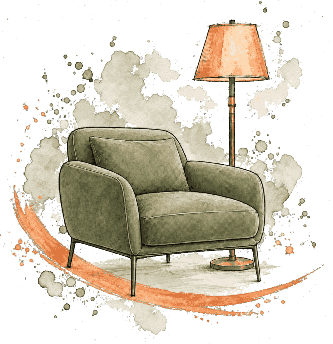 Icon für Raumgestaltung mit grünem Sessel und Stehlampe