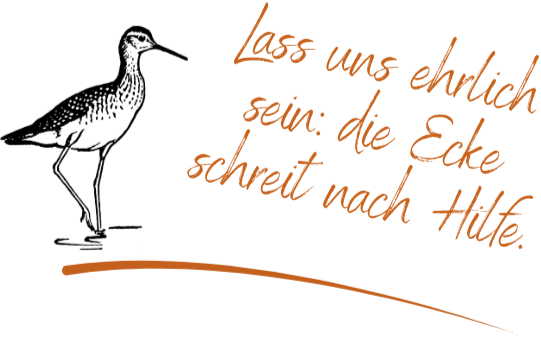 Schwarz-weißer Vogel neben dem handgeschriebenen Spruch „Lass uns ehrlich sein: die Ecke schreit nach Hilfe“