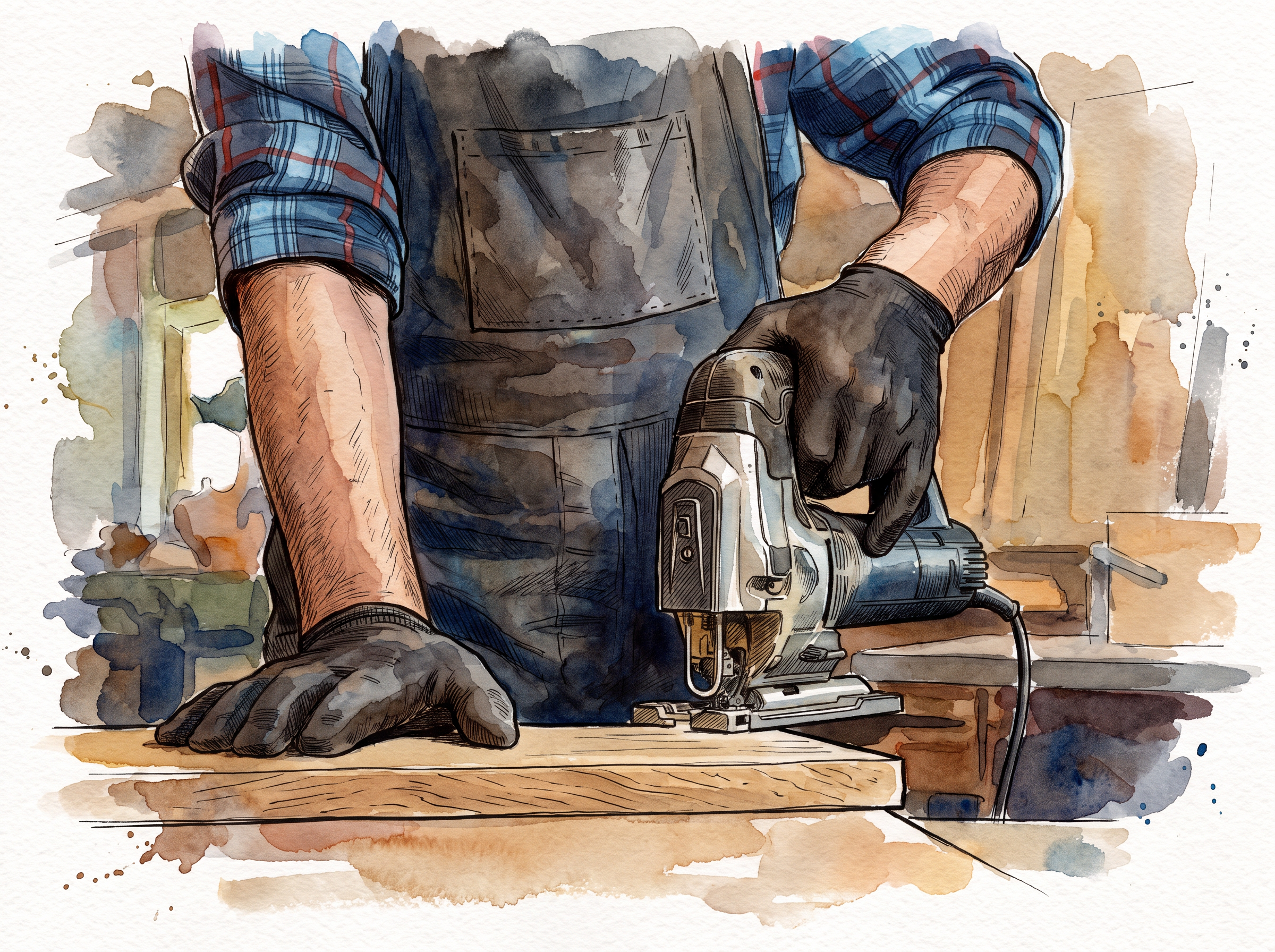 Aquarellillustration eines Tischlers bei präzisen Holzarbeiten für maßgefertigte Möbel, Einbauten und individuelle Interior-Lösungen