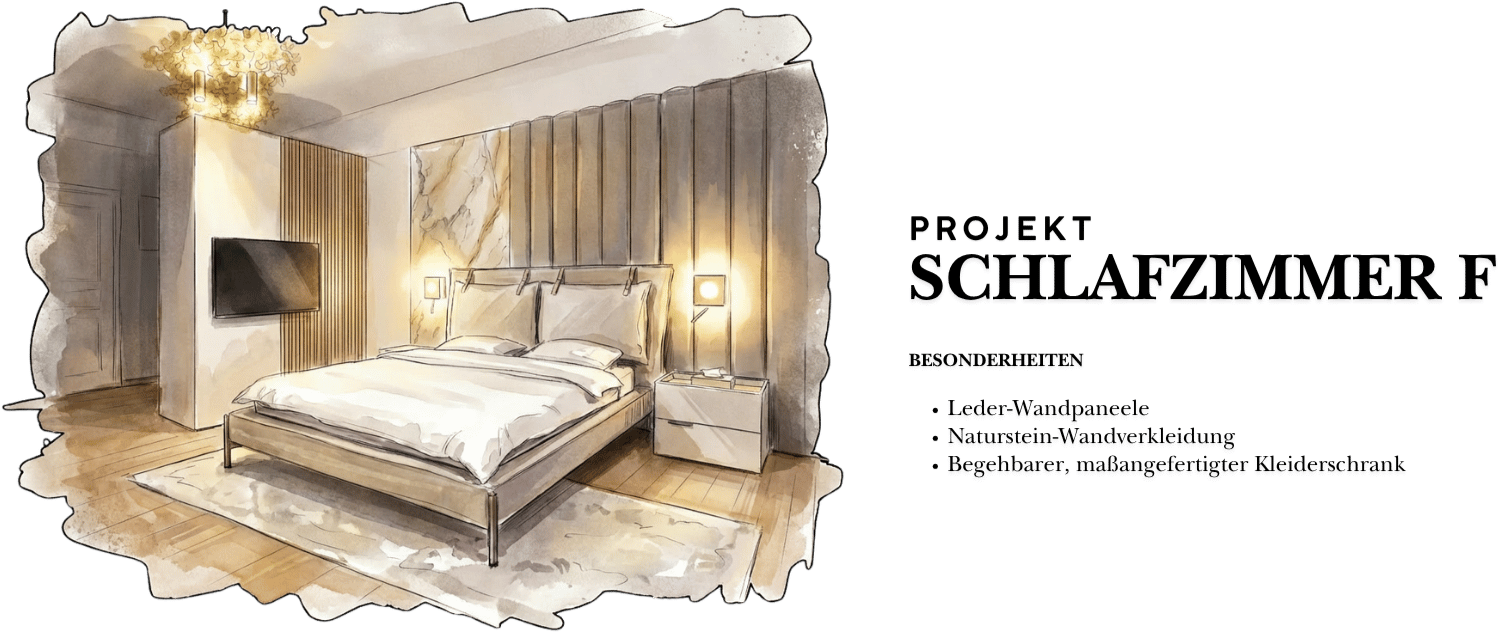 Aquarell-Visualisierung des Projekts Schlafzimmer F mit Polsterbett, Leder-Wandpaneelen, Naturstein-Wandverkleidung und maßangefertigtem begehbarem Kleiderschrank
