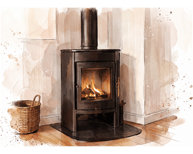 Aquarellillustration einer modernisierten Ofenecke mit Kaminofen, Holzfußboden und neu gestalteten Wandflächen als Beispiel für ein kleines Interior-Makeover