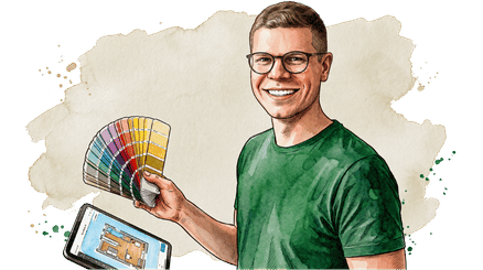 Aquarell-Illustration eines Interior Designers der Paddy Artist Design GmbH mit Farbkarte und Tablet in der Hand