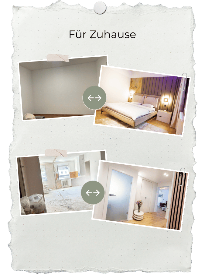 Zwei Vorher-nachher-Vergleiche für Wohnräume: ein schlichtes Zimmer wird zum gemütlichen Schlafzimmer, ein Raum im Umbau zum hellen Eingangsbereich.