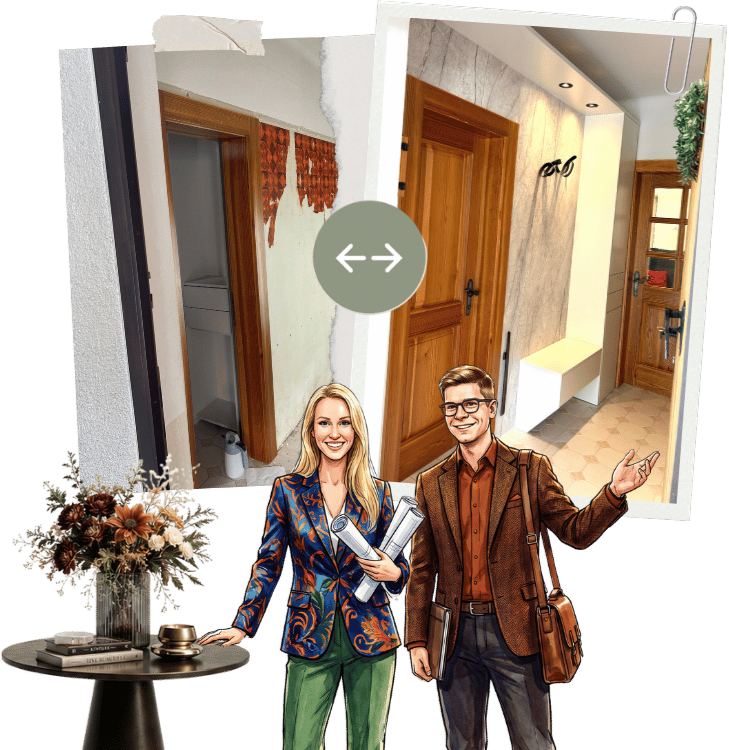 Vorher-Nachher-Vergleich einer Flurgestaltung mit zwei Interior Designern, Planung und Umsetzung eines modernen Eingangsbereichs mit maßgefertigten Möbeln und neuer Wandgestaltung.