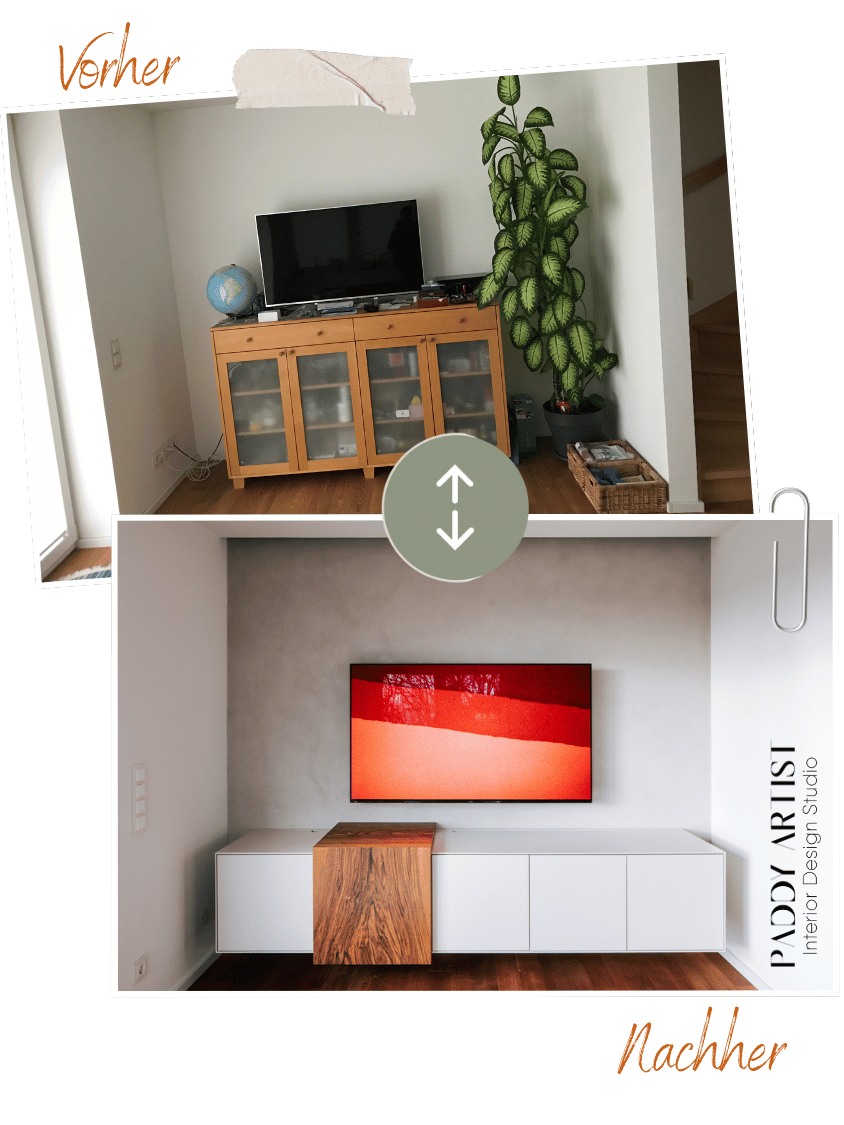 Vorher-Nachher-Vergleich der TV-Wand im Wohnzimmer: ein Holzschrank mit Fernseher wurde durch ein langes weißes Lowboard und einen wandmontierten Fernseher ersetzt.