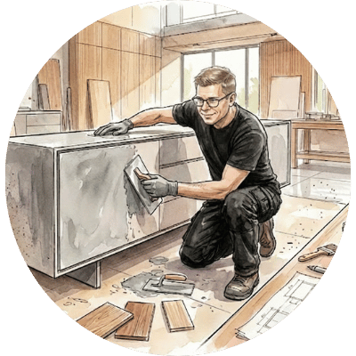 Illustration eines Handwerkers, der die Oberfläche eines Möbelstücks mit einer Glättkelle bearbeitet