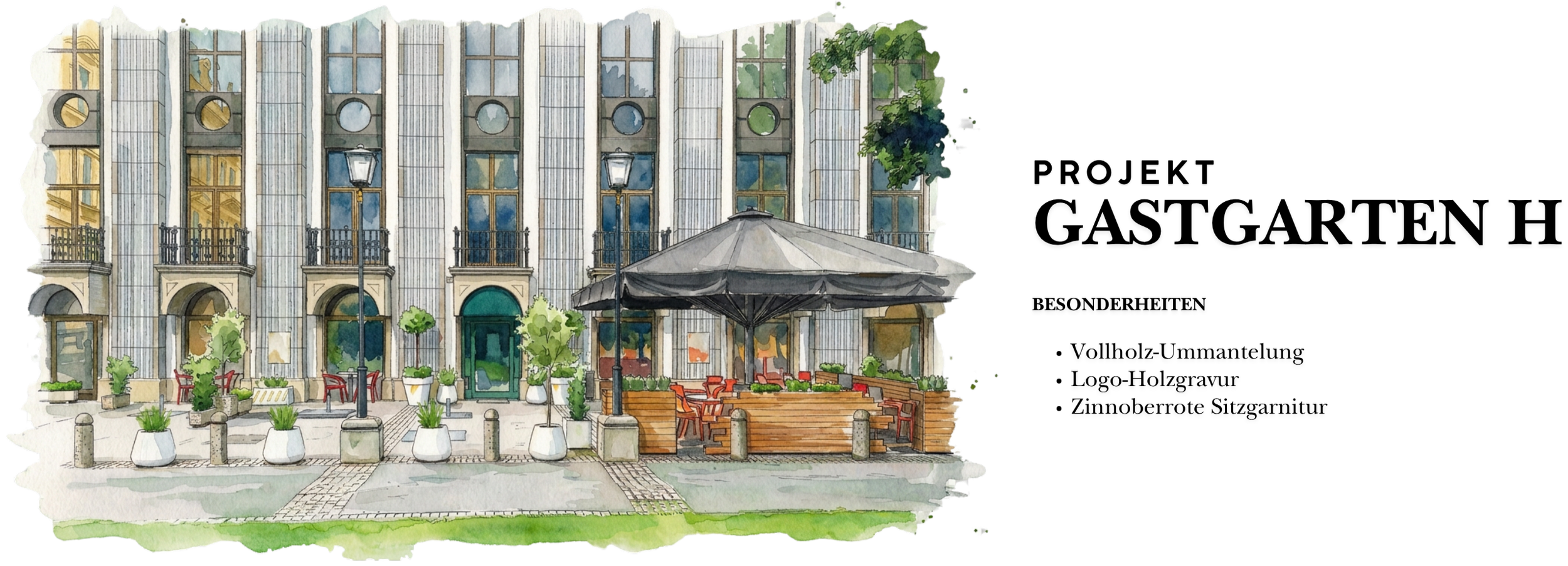 Aquarellillustration eines stilvollen Gastgartens vor historischer Gebäudefassade mit Holzverkleidung, Sonnenschirm, roten Sitzmöbeln und Begrünung als Interior- und Gastronomieprojekt.