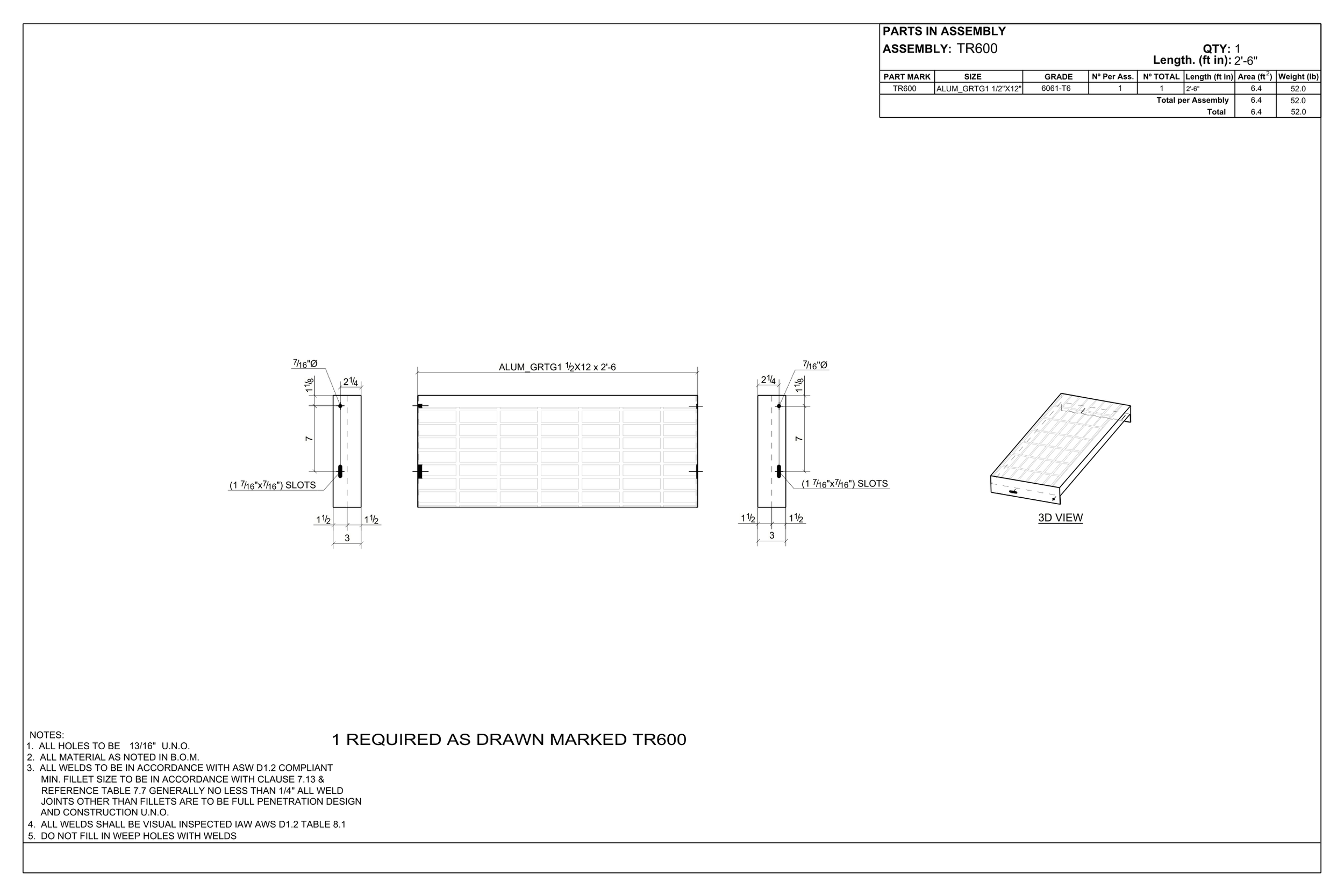 Technical drawing of an aluminum garage door panel, showing front, side, and 3D views with detailed measurements and slot placements.