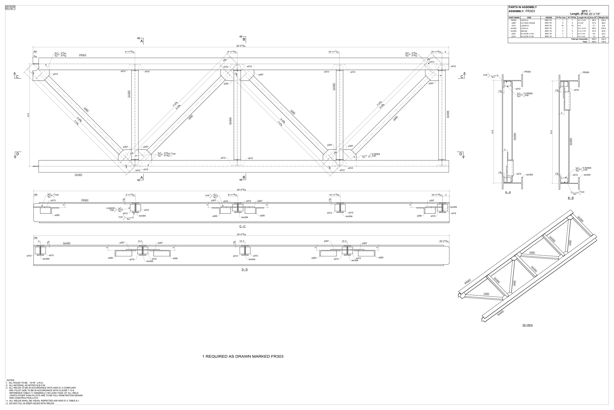 Technical architectural drawing of a steel truss structure, showing front, side, and isometric views, with detailed measurements and assembly instructions.