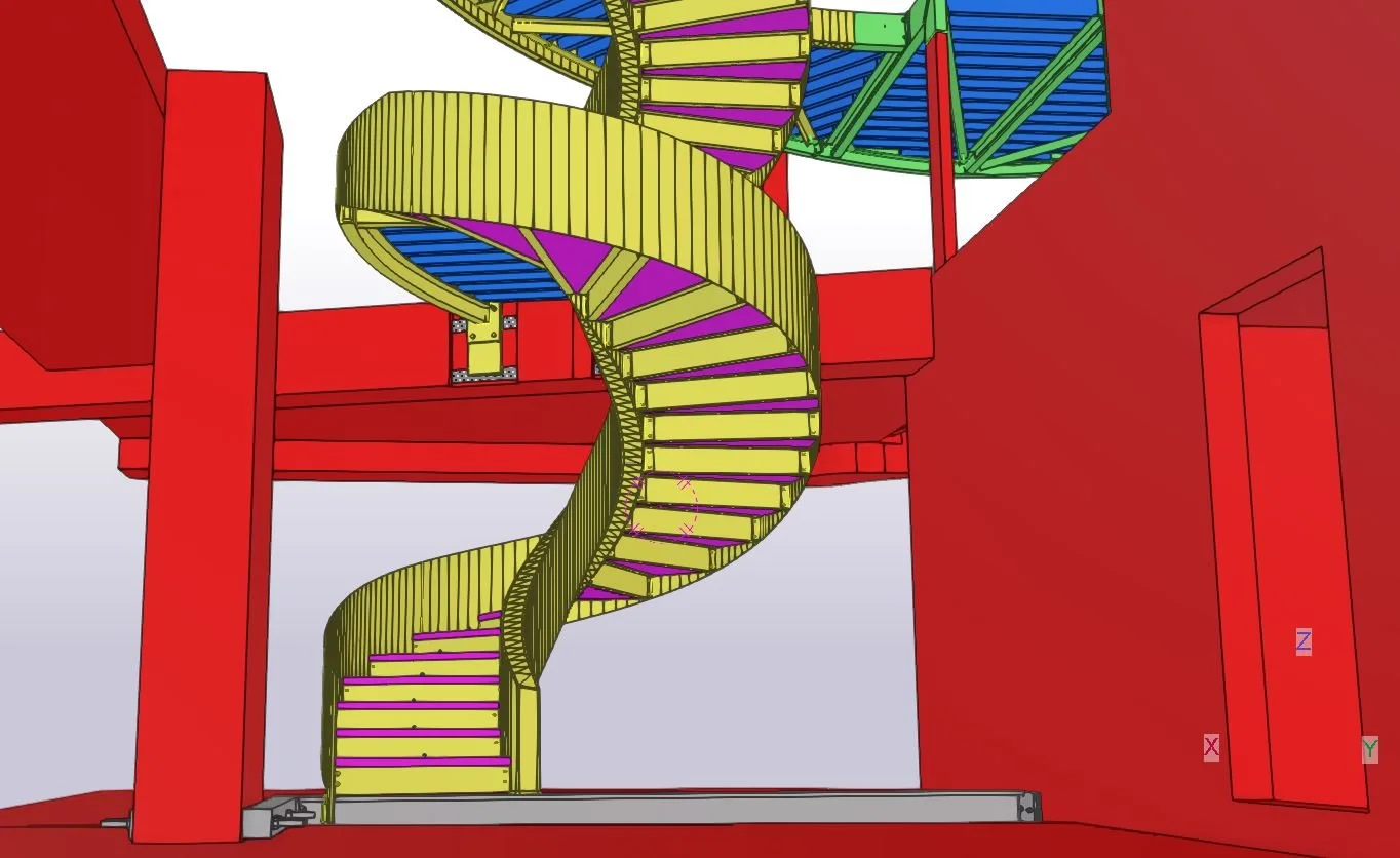 A colorful, spiral staircase design, viewed from below, with red structural supports and variously colored steps and railings.