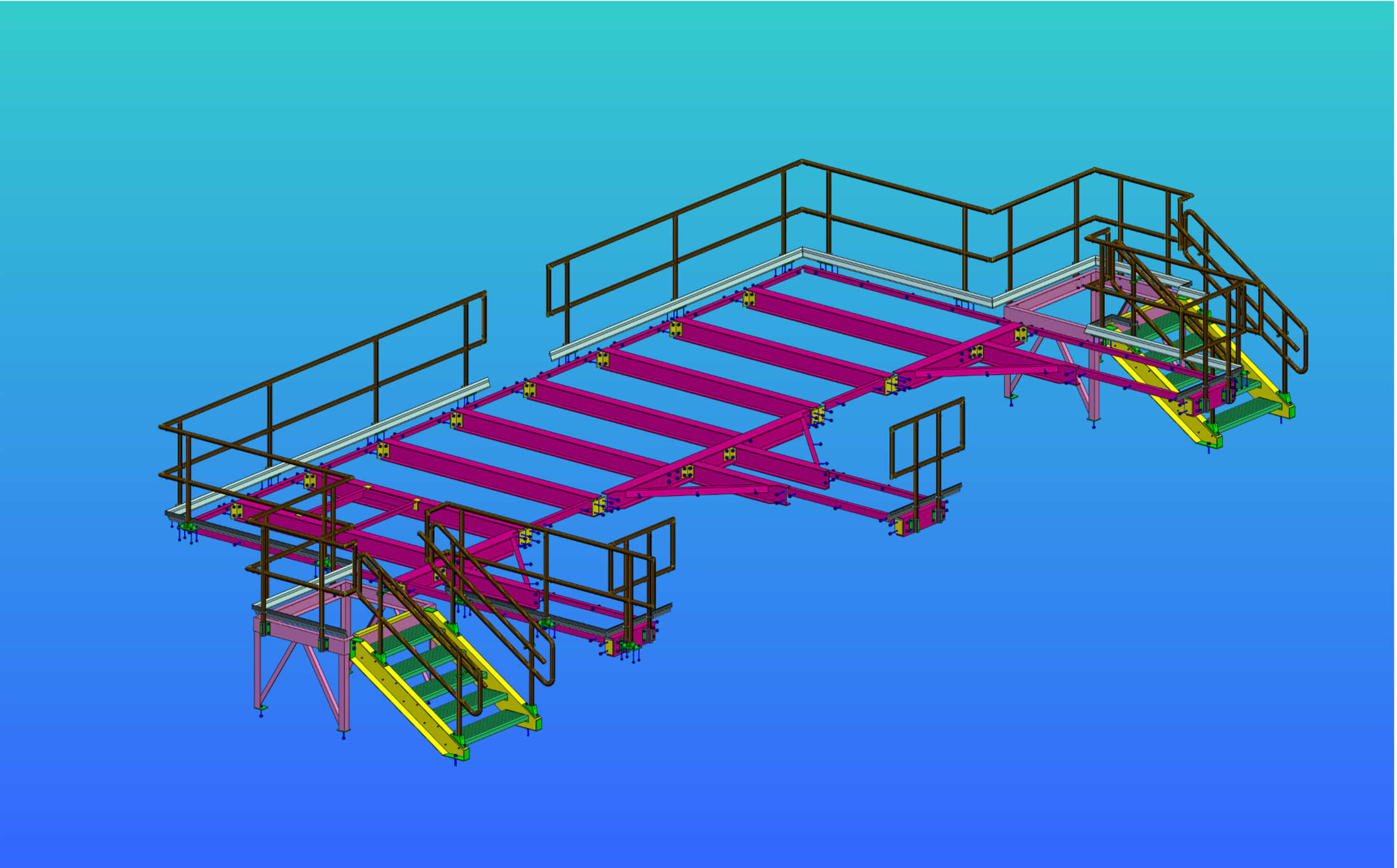 A digital rendering of a colorful modular platform with stairs and railings, designed for industrial or construction use, set against a blue gradient background.