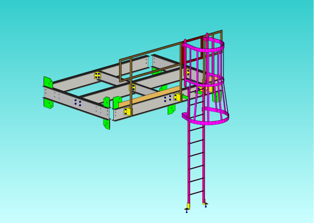 Digital 3D rendering of a metal playground slide and climbing structure with pink, yellow, green, and brown components on a blue background.