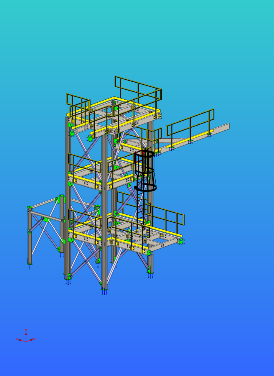 3D CAD model of a multi-level industrial scaffolding or lifting platform with safety railings and support beams.