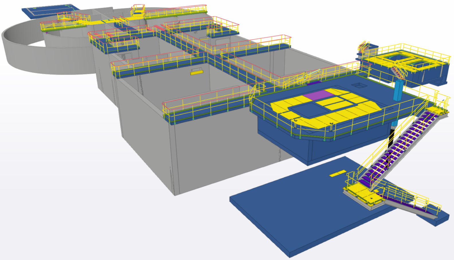 3D-rendered diagram of an industrial platform with multiple walkways, staircases, and a secured area, featuring yellow railings and blue and gray structures.